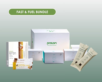 Prolon fast and fuel bundle with various products on a light green background