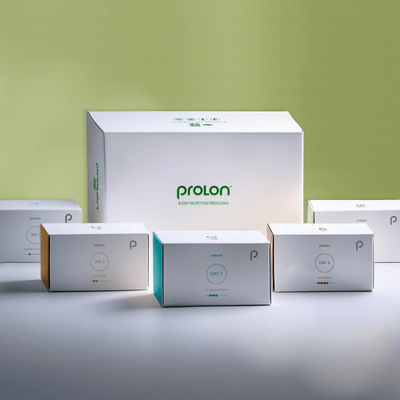 ProLon Next Gen meal kit box with daily plant-based meals, bars, soups, and drinks, designed for a 5-day fasting-mimicking diet.